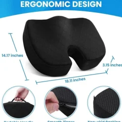 Ergonomisk Siddepude i Memory Foam – langsomt genfjedrende, skridsikker pude til kontor, bil og stol, lindrer iskias, haleben og rygsmerter black