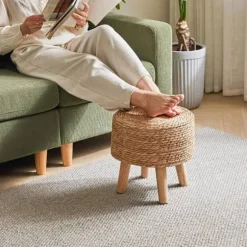 Fodskammel i pastoral stil, sofa-skamler i træ, til soveværelse, stue, soveværelse, 28×28 CM, naturlig farve