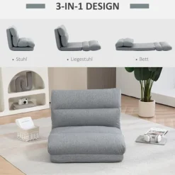 Foldbar gulvstol, med 6-trins justerbart ryglæn, tyk sædepolstring, sengefunktion, hørlook, 70 x 41 x 56 cm, grå
