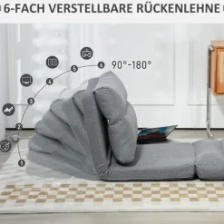 Foldbar gulvstol, med 6-trins justerbart ryglæn, tyk sædepolstring, sengefunktion, hørlook, 70 x 41 x 56 cm, grå