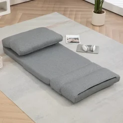 Foldbar gulvstol, med 6-trins justerbart ryglæn, tyk sædepolstring, sengefunktion, hørlook, 70 x 41 x 56 cm, grå