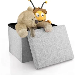 Foldbar Ottoman 30x30x30 cm i Alaska Grå - Dekorativ Opbevaringsboks i Linned-look Stof for at Spare Plads - Skammel Bænk Sæde