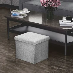 Foldbar Ottoman 30x30x30 cm i Alaska Grå - Dekorativ Opbevaringsboks i Linned-look Stof for at Spare Plads - Skammel Bænk Sæde