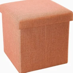 Foldbar puf 30x30x30 cm i mandarinorange Dekorativ opbevaringsboks i linned-look stof for at spare plads Skammel med opbevaring