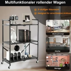 Foldebar serveringsvogn med 4 hjul 3 etagers metalhylde til køkkenkontor Sort
