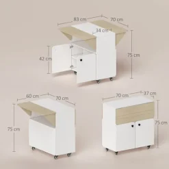 Foldebord med opbevaring, 2 dropblade, 4 hjul, hvid/natur
