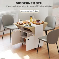 Foldebord med opbevaring, 2 dropblade, 4 hjul, hvid/natur
