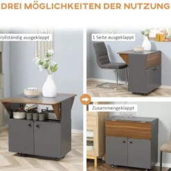 Foldebord med opbevaring, 4 hjul, Lysegrå/Mørkebrun