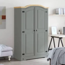 Garderobe - Corona - 2 døre - Massiv oliebehandlet fyr - Stort opbevaringsrum Grå