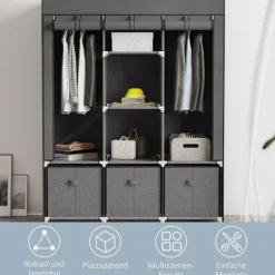 Garderobe Foldbart Stofskab, Foldeskab Med Lynlås, Non-Woven Stof, Mørkegrå, 125X43X162,5Cm