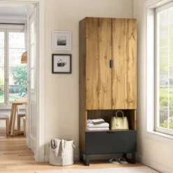 Garderobe med skuffe, tøjstang & justerbare hylder, fleksibel opbevaring Natural