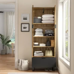 Garderobe med skuffe, tøjstang & justerbare hylder, fleksibel opbevaring Natural