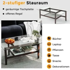 Glas sofabord 2 etagers sidebord med opbevaringsplads 107 cm langt rektangulært sofabord