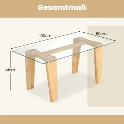 Glas sofabord med ben af ​​gummitræ Rektangulært sidebord Glasbord Sofabord