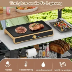 Grillvogn med klapbord & kroge & håndklædeholder & affaldsposeholder grillbord