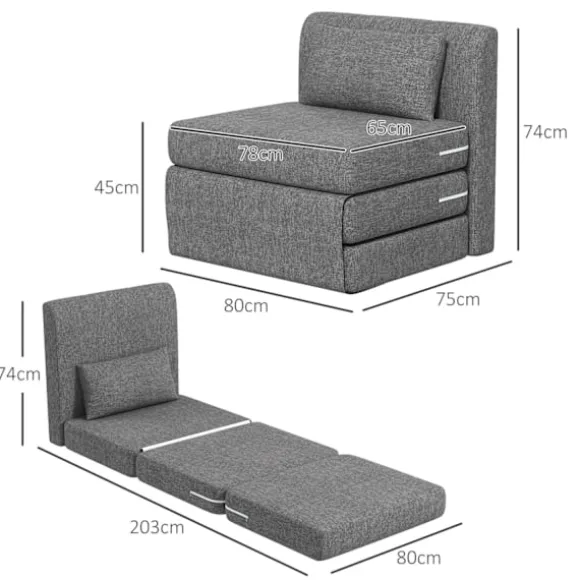 Gulvstol 2-i-1 sammenfoldelig sovesofa med hørlook, polstret gulvstol kan holde op til 240 kg til stue, soveværelse, grå
