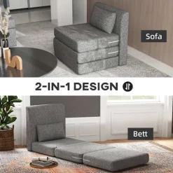 Gulvstol 2-i-1 sammenfoldelig sovesofa med hørlook, polstret gulvstol kan holde op til 240 kg til stue, soveværelse, grå