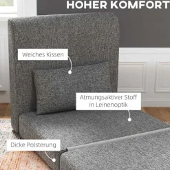 Gulvstol 2-i-1 sammenfoldelig sovesofa med hørlook, polstret gulvstol kan holde op til 240 kg til stue, soveværelse, grå