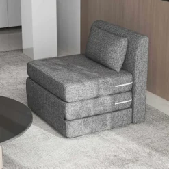 Gulvstol 2-i-1 sammenfoldelig sovesofa med hørlook, polstret gulvstol kan holde op til 240 kg til stue, soveværelse, grå