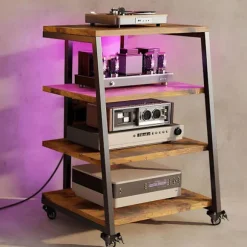 HIFI-møbel med 4 hylder, LED og hjul i træ. Audio/Vidéo-møbel, multimediehylde, rack med 3 stik og USB, max. 140KG. trä färg