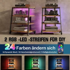HIFI-møbel med 4 hylder, LED og hjul i træ. Audio/Vidéo-møbel, multimediehylde, rack med 3 stik og USB, max. 140KG. trä färg
