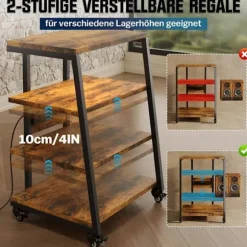 HIFI-møbel med 4 hylder, LED og hjul i træ. Audio/Vidéo-møbel, multimediehylde, rack med 3 stik og USB, max. 140KG. trä färg