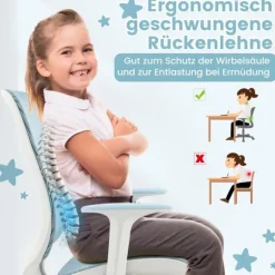 Højdejusterbar børne-drejestol med sædebremse, ergonomisk skrivebordsstol, kontorstol, blå