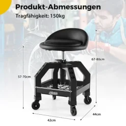 Højdejusterbar værkstedsstol 150 kg bæreevne med værktøjsbakke værkstedsstol sort
