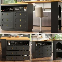 Højdejusterbart barbord 138-203 cm, udtrækkeligt med 360° drejefunktion og hjul, moderne barbord med skuffe, sort Black