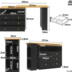 Højdejusterbart barbord 138-203 cm, udtrækkeligt med 360° drejefunktion og hjul, moderne barbord med skuffe, sort Black