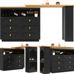 Højdejusterbart barbord 138-203 cm, udtrækkeligt med 360° drejefunktion og hjul, moderne barbord med skuffe, sort Black
