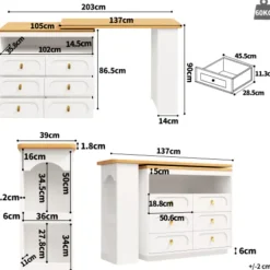 Højdejusterbart barbord (138-203 cm), udtrækkeligt med 360° drejefunktion, hjul og skuffe, opbevaringsplads, hvid White
