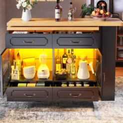 Højdejusterbart barbord med LED-belysning, udvideligt 135-203 cm & 360° drejeligt, køkkenø med opbevaringsplads, sort Black + Natural