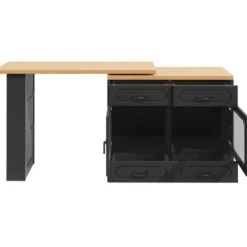 Højdejusterbart barbord med LED-belysning, udvideligt 135-203 cm & 360° drejeligt, køkkenø med opbevaringsplads, sort Black + Natural