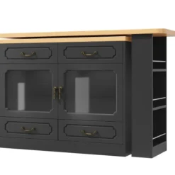 Højdejusterbart barbord med LED-belysning, udvideligt 135-203 cm & 360° drejeligt, køkkenø med opbevaringsplads, sort Black + Natural