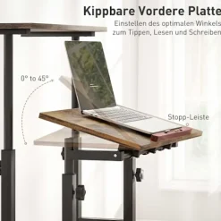 Højdejusterbart skrivebord med hylde og hjul, rustik brun