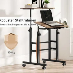Højdejusterbart skrivebord med hylde og hjul, rustik brun
