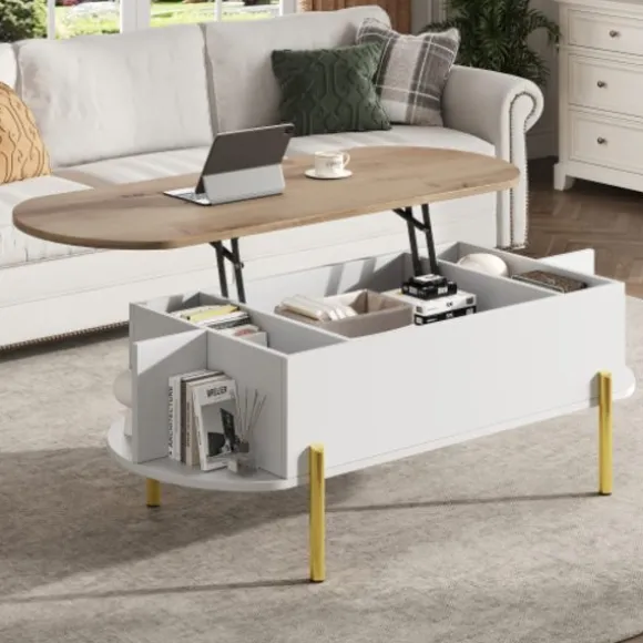 Højdejusterbart sofabord med 7 hylder, 120x50 cm, med skjult opbevaringsplads, i træfarve og hvid White