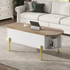 Højdejusterbart sofabord med 7 hylder, 120x50 cm, med skjult opbevaringsplads, i træfarve og hvid White