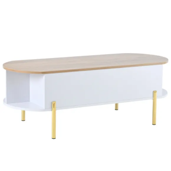 Højdejusterbart sofabord med 7 hylder, 120x50 cm, med skjult opbevaringsplads, i træfarve og hvid White