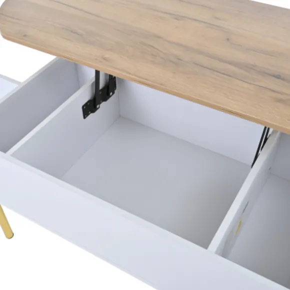 Højdejusterbart sofabord med 7 hylder, 120x50 cm, med skjult opbevaringsplads, i træfarve og hvid White
