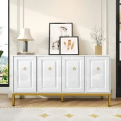 Højglans skænk 140x80x40cm med guldhåndtag | Med hylder & guld ben | Opbevaringsmøbel kommode White
