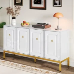 Højglans skænk 140x80x40cm med guldhåndtag | Med hylder & guld ben | Opbevaringsmøbel kommode White
