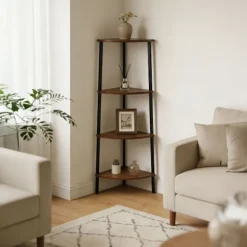 Hjørnehylde, 5-lags, metalramme, trælook
