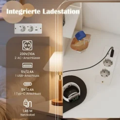Hjørne-sminkebord med skammel, LED-spejl og opladningsporte