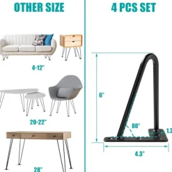 Hårnålsben 15cm Sæt af 4, DIY Metal Bordmøbler Ben Ideel til Spisebord, Skrivebord, Century Modern Style (15cm, Sort)