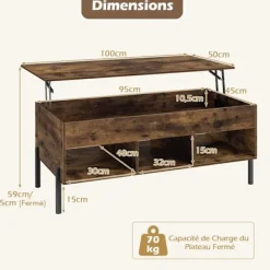Hæve-sænke Sofabord 100x50CM COSTWAY, 3 Opbevaringskuber, Skjult Rum, Rektangulært Stuebord Belastning 70 KG, Brun Brun