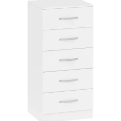 Hvid kommode med 5 skuffer, spånplade, pladsbesparende design