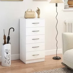 Hvid kommode med 5 skuffer, spånplade, pladsbesparende design