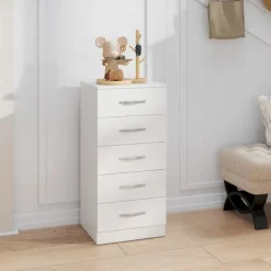 Hvid kommode med 5 skuffer, spånplade, pladsbesparende design